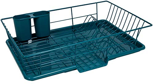 Sweet Home Collection Drying and Storage-Includes Cutlery Holder and Drainboard-Maximize Countertop Space, Metal Plastic, Teal