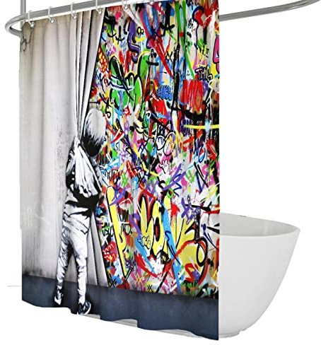 Duschvorhang im Banksy-Stil, buntes Street-Art-Graffiti, Kleiner Junge hinter Vorhängen, Stoff, dekorativer Badezimmervorhang