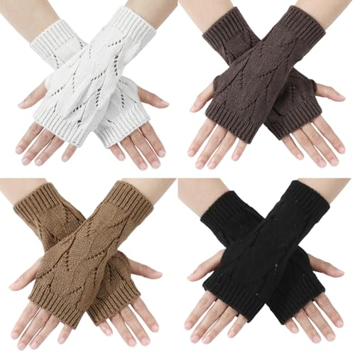 AYPOW 4 Paar Fingerlose Handschuhe Damen,Winter Gestrickte Armstulpene Pulswärmer Damen Mädchen,Klassische Weiche Kurzer Halb Fingerhandschuhe Fäustlinge mit Daumenloch für Frauen Alltagskleidung