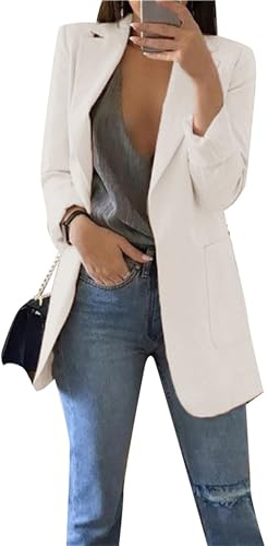 EFOFEI Frauen Langarm Offene Front Office Arbeitsanzug Blazers Jacke mit Taschen Weiß S