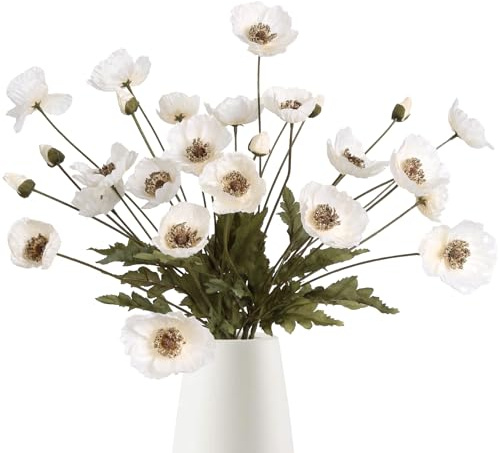 IPOPU Weiße künstliche Mohnblumen, 6 Stück, Mohnblumen, weiße künstliche Blumen mit Stielen, Seidenblumenarrangements für Hochzeit, Tafelaufsätze für Zuhause, Tisch, Brautparty, Party-Dekorationen