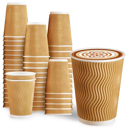 100 Pack 12 oz Disposable Paper Coffee Cups, Leak Proof Insulated Ripple Wall Hot Cups for Espresso, Coffee, Tea, Hot Chocolate, To Go Drinks (Home, Office, Cafe Bar)