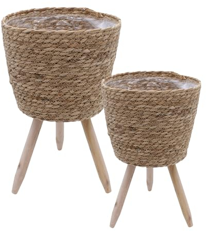 Blumenständer aus Stroh innen mit Folie 2er Set - Ø 26 und 23 cm - Rattan Pflanzenständer mit 3 Holz Beinen - Deko Blumentopf Pflanztopf Korb Topf mit Füßen für Zimmerpflanzen