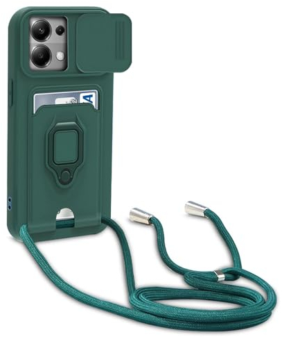Dllatui Funda Compatible con Xiaomi Redmi Note 13 Pro 4G/Poco M6 Pro 4G,Cuello Cordón Carcasa Silicona Suave,Ranura con Tarjetas,Carcasa Cubierta cámara Deslizante Proteger, Anillo Soporte (Verde)
