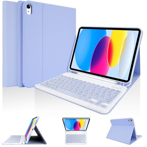 LAMA Custodia per Tastiera per iPad 10a Generazione 10,9 2022 (A2696/A2757/A2777), Custodia Protettiva Sottile con Custodia per Tastiera Bluetooth Wireless Staccabile e Portamatite per iPad 10a Viola