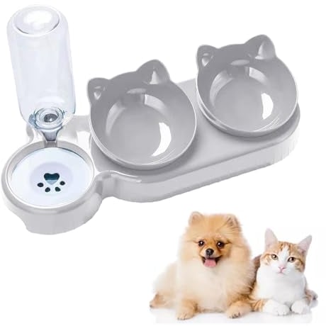 3-In-1 Cat Food and Water Bowl Set, Raised Cat Bowls With Stand, Double Cat Bowls with Water Dispenser for Pet, Food and Water Feeder for Small Medium Dogs Cats (Grey)