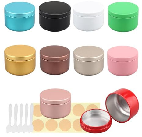 LusDoly 10 Piezas 50 ml Mezclado Tarros de Aluminio Bote de Latita Aluminio Cosmética para Cremas Loción Velas con Pegatinas y Espátulas