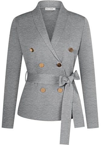 GRACE KARIN Damen Pullover Blazer Schalkragen Strickjacke Langarmshirt Mit Gürtel Und Taschen Silbergrau M