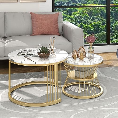 KeepGoon Moderne Nesting Couchtisch, 2er Set Wohnzimmertisch rund Marmoroptik, Couchtisch Satz Marmor Furnier Sofa Seite Nest von Tischen Runde Endtische, Beistelltisch Kaffeetisch (Weiß)