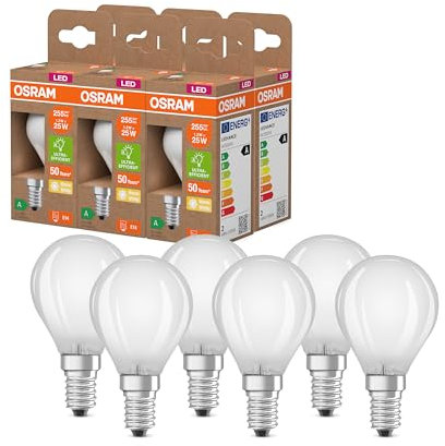 Osram LED-Lampe in klassischer Miniballform, mit dekorativem LED-Filament im Frosted Design, Energieeffizienzklasse A, E14, 1.2 W, 255 lm, 2700 K, warmweiß. Ohne Aufwärmen, 6-Pack