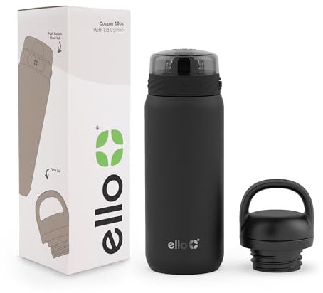 Ello Cooper 18oz Stainless Steel Water Bottle with 2 Lids Chug and Straw | Leak Proof Double Walled and Vacuum Insulated | Fits Car Cupholder | Built in Carry Loop | Dishwasher Safe | Black