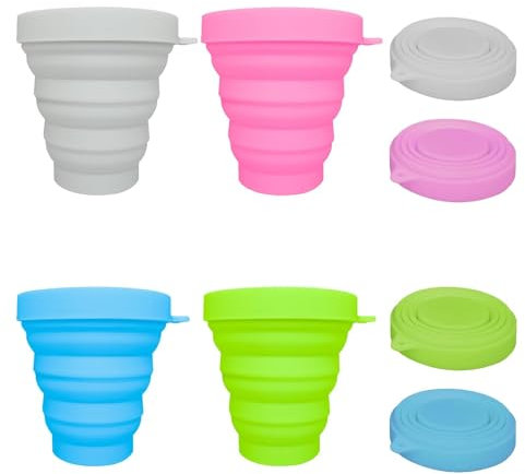 YREYBN 4 Pcs Silicone Foldable Cup, Collapsible Cup with Lid, Folding Silicone Cup Collapsible Travel Mugs Reusable Retractable Drink Mugs for Picnic Camping Outdoor(Grey, Green, Blue, Pink)
