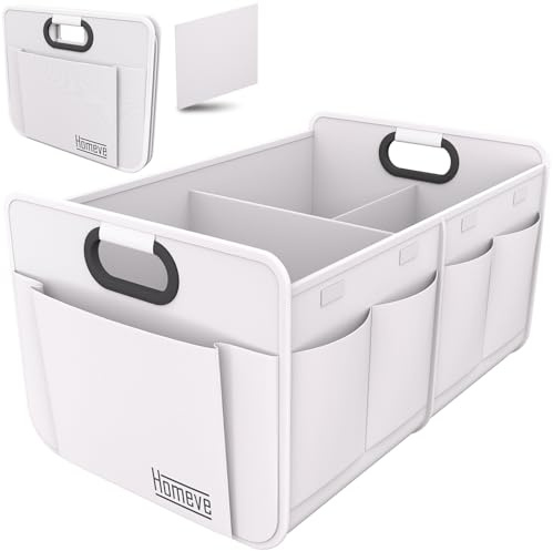 Homeve Car Trunk Organizer, Car Storage, Reinforced Handles, Collapsible Multi-Compartment Car Organizers (White, 2 Compart)