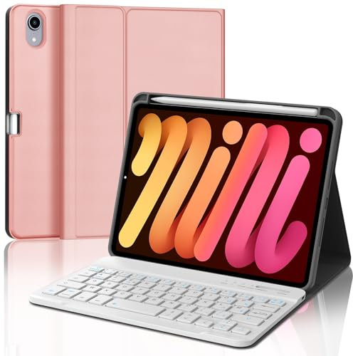 IVEOPPE Coque Clavier iPad Mini 7 (A17 Pro)/6 8.3 Pouces, Rechargeable Etui Clavier Français AZERTY Détachable pour iPad Mini 7 8.3 2024/6 8.3 2021, Or Rose