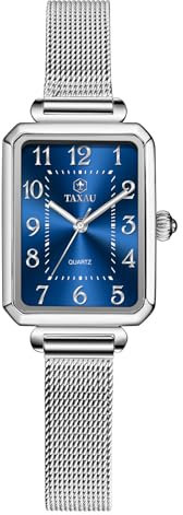 Taxau Rechteckige Damen Armbanduhr Kleines Damenarmbanduhren Eckig Mode Edelstahl Mesh Armband Damenuhr Elegant Wasserdicht Uhr für Frauen
