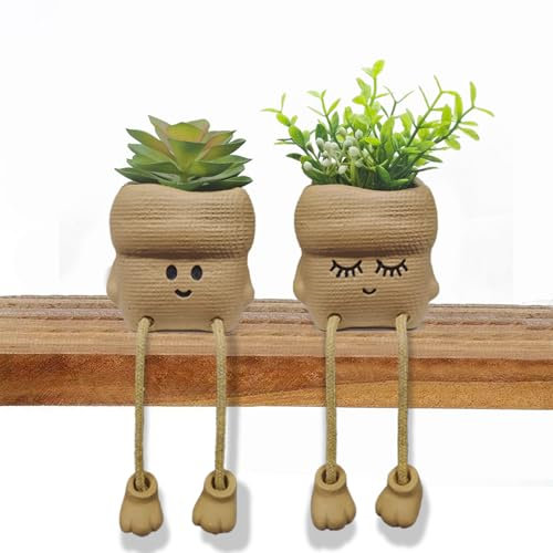 2PCS Smiley Face Fake Succulent Plant Planter Home Decor - Cute Desk Artificial Plant Pot Hanging Leg Indoor Potted, Faux Succulent Plant Room/Window Ornaments Shelves Office Table Decor, Women Gifts