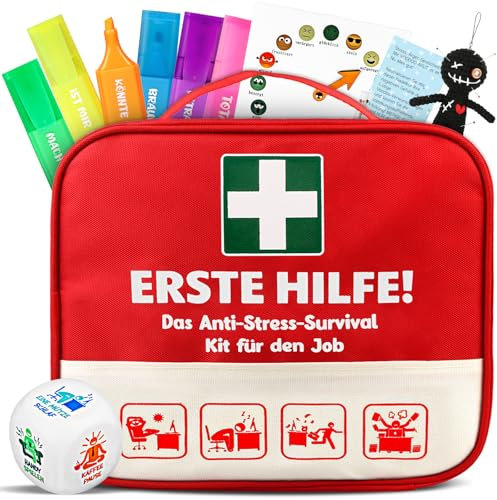 TUZELIYA Abschiedsgeschenk Kollegen - ERSTE HILFE für den Job mit Antistress Würfel, Stimmungsanzeiger, Textmarker, Voodoo Puppe - Kollegen Jobwechsel - Lustige Geschenk für Kollegen Chef Lehrer