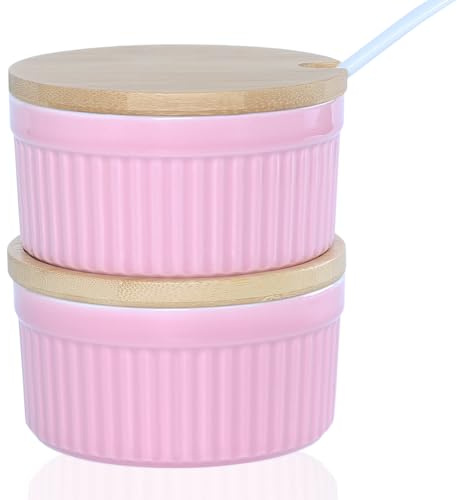 YAZYLIFE Salt and Pepper Bowls, 8OZ Ceramic Spice Cellars with Lid and Spoon For Kitchen, Condiment dispensers,Stacking Container for Salt, Pepper,Sugar, Spice, Set 0f 2. (Pink)