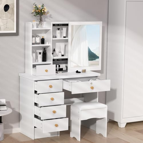 pofluany Dressing Table with Sliding Mirror & Stool Set, Vanity Desk Makeup Desk with 6 Drawers, Open Shelves, Hidden Storage Space White Dressing Table Corner Dressing Table for Bedroom White