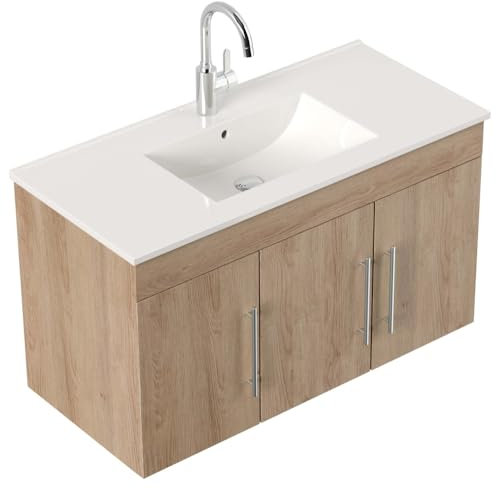 Magnolia Home Badmöbel Venezia Waschtisch mit 3 Softclose Türen Farbe Eiche hell