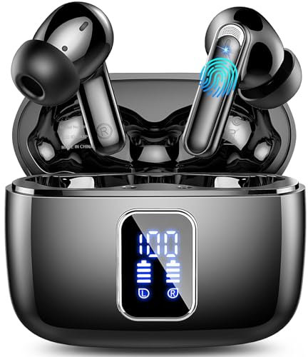 Wireless Earbuds Bluetooth 5.3, 4 ENC Noise Cancelling Mic Bluetooth Earphones, 48H Hifi Stereo Ear Buds Wireless Earbuds, IP7 Waterproof In Ear headphones With LED Display, Mini Ultra Light, Black