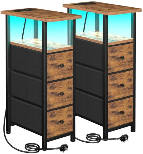 LOAKEKEL Narrow Bedside Table Set of 2, Slim Side Table for Bedroom | Bed Side Table Living Room with Charging Station, Sofa Table with 3 Fabric Drawers, Small Nightstand with LED Lights, Brown