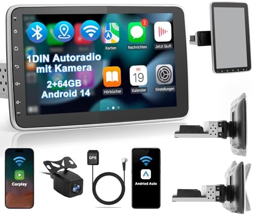 Timzeit Autoradio mit Bildschirm Single DIN Auto Radio mit Navi Bluetooth Wireless CarPlay Android Auto DAB Plus Rückfahrkamera, 1DIN mit 10.1 Zoll drehbar Touchscreen Monitor, 2+64G Android 14
