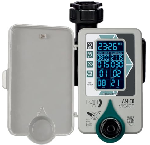 Amico Vision Centralina Smart per Irrigazione, Bluetooth 5.0, Display LCD, Programmabile, Ricaricabile USB, per Terrazzi e Balconi