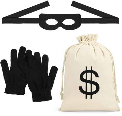 HUKUMA Panzerknacker Kostüm Accessoire 3Pcs, Panzerknacker Maske + Dollar Geldsack+ Handschuhe, Cosplay Bandit Räuber Dieb Einbrecher Bankräuber Kostüm Zubehör für Erwachsene zum Karneval Fasching