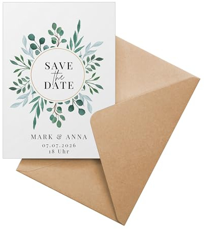 Ausgewählt verpackt Personalisierte Save the Date Karten Hochzeit ab 10 Stück – selbst gestalten mit Text – inkl. Umschläge, A6 – Datum Trauung, Geburtstag, Taufe – (Motiv 1 - Hochformat)