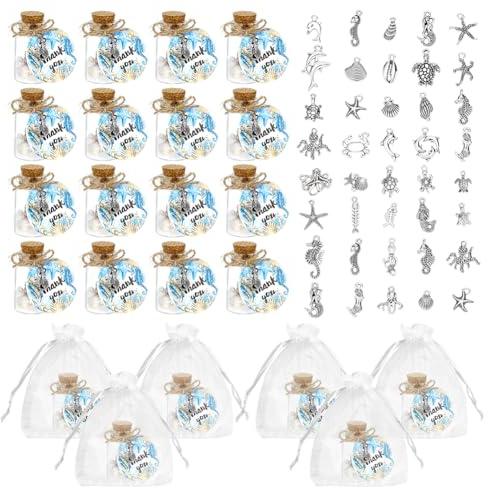 PH PandaHall 50 Sets Beach Wedding Favors for Guests Coastal Summer Beach Ornaments DIY Nautical Glass Message Bottle with Seashell Starfish Pendants Organza Gift Bags for Summer Wedding Party Favors