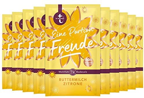 t: by tetesept Badesalz Eine Portion Freude – Hauchfeine Puderkristalle mit Buttermilch und Zitrone - Bade-Geschenk für die Sinne – 10er Pack (10 x 60 g)