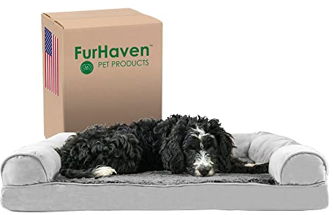 Furhaven Large Memory Foam Dog Bed Plush & Suede Sofa-Style w/Removable Washable Cover - Gray, Large