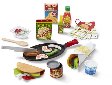 Melissa & Doug Fill & Fold Taco & Tortilla-set, 43 delar – skivbar trä mexikansk lekmat, stekpanna med mera – FSC-certifierad Taco lekmatset, låtsas köksleksak för barn i åldrarna 3+