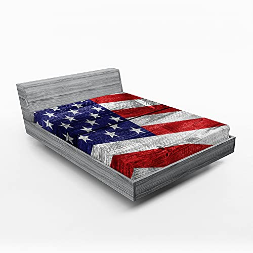 ABAKUHAUS USA Spannbetttuch, America Patriotic Day, Soft Dekorativer Stoff Bettwäsche Rund-um Elastischer Gummizug, 135 cm x 190 cm, Marine-Blau, Rot, Weiß