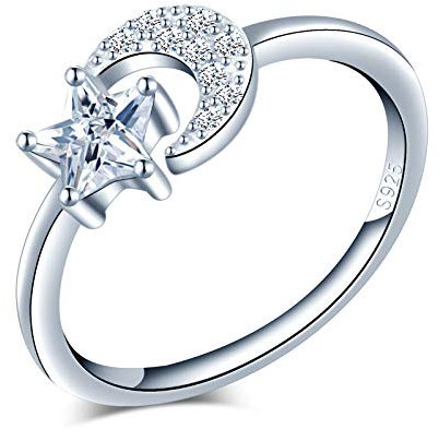 Yumilok Damenring Star Stern Mond Ring Zirkonia Ehering Verlobungsring Freundschaftsring Lifestyle-Ring 925 Sterling Silber verstellbar