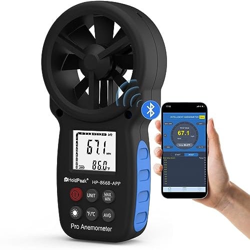 HoldPeak Anemometro Digitale Misuratore HP-866B-APP Velocità del Vento con Connessione Bluetooth Senza Fili per Misurare il Volume Dell'aria Velocità del Vento Temperatura, la Navigazione in Volo,Tiro