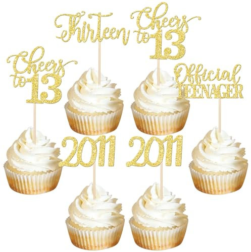 24 Stück 13. Geburtstag Cupcake Toppers Glitter Dreizehn seit 2012 Offizielle Teenager 13 Cupcake Picks Hallo 13 Jahre Geburtstagskuchen Dekorationen für alles Gute zum 13. Geburtstag Party Gold