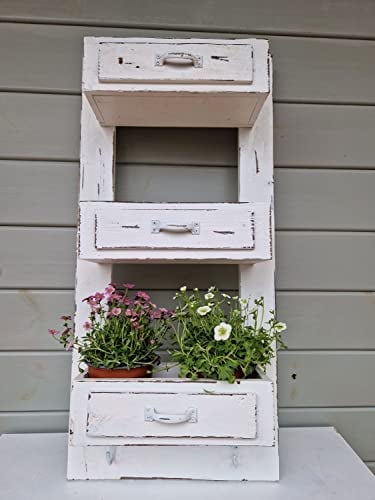 Arinosa Wandregal Schubladen mit 2 Haken Shabby Chic Weiß Holz 36,5x16xH79cm