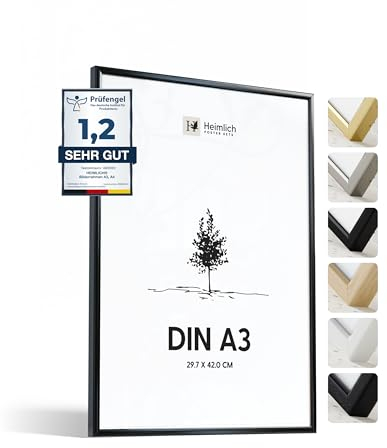 Heimlich® - Bilderrahmen - A3 29,7x42 cm, Aluminium Metall, Schwarz - Kleiner Poster-Druckrahmen - Nur zur Wandmontage