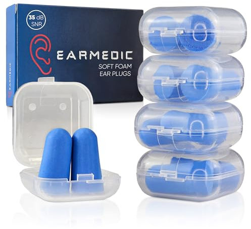 Earmedic Soft Foam Ear Plugs for Sleep (8 Pairs) 35 dB SNR Disposable Noise Cancelling Earplugs, Ear Buds for Light Sleepers, Best for Sleeping, Studying, Travelling, Working + Travel Case