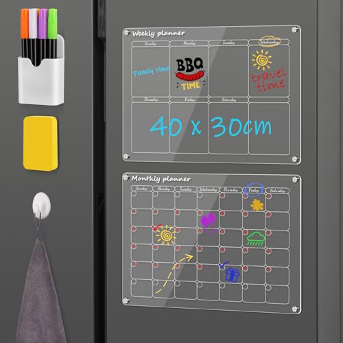 Worephu 2-piece Set of Acrylic Magnetic Calendar, Reusable Dry Erase Weekly Monthly Planner, 8 Dry Wipe Markers and a Eraser, for Meal Planner, or to Do List