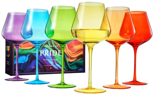 Khen Regenbogenfarbenes Weinglas-Set | 20oz | Pride-Set mit 6 Gläsern für alle Anlässe, Geschenk für besondere Feiern, einzigartiger Stil, elegantes, helles Glas mit Stiel