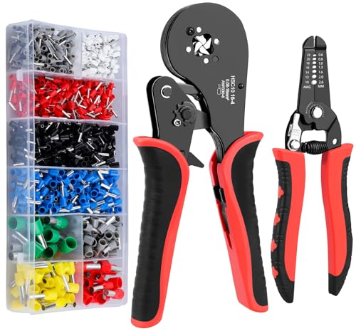 Yerbay Crimpadora Terminales Alicates Kit con Pelacables y 1250 Terminales de Cable Crimper 0.08-16mm² (AWG : 30-5), para Electricistas, Reparaciones DIY Herramienta de Prensado Autoajustable