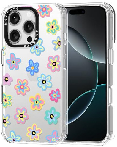 MOSNOVO Case for iPhone 16 Pro, [Buffertech 6.6ft Military-Grade Drop Protection] [Anti Peel Off Tech] Clear TPU Bumper Phone Case Cover Design - Groovy Flower