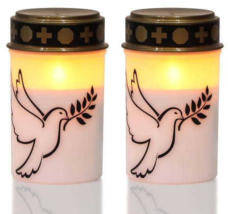 Eldnacele Weiße flackernde LED Grabkerzen mit 6-Stunden-Timer, batteriebetrieben, wasserdichte flammenlose Grabkerzen-Gedenkkerze (2er Pack, weiße Friedenstaube)