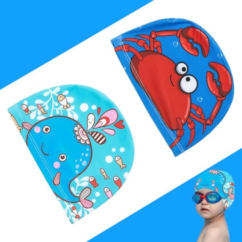 JEYORZY 2 Pezzi Cuffia Piscina Bambino,Cuffie da Nuoto per Bambini Cuffia da Bagno in Poliestere Elastico Cuffie da Nuoto di Cartoon per Rragazzi e ragazze di età compresa tra 4 e 10 Anni