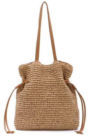 EVEOUT Women Straw Woven Tote Bag with PU Leather Handles Summer Beach Bag Casual Boho Faux Raffia Shoulder Bag for Holiday Travel