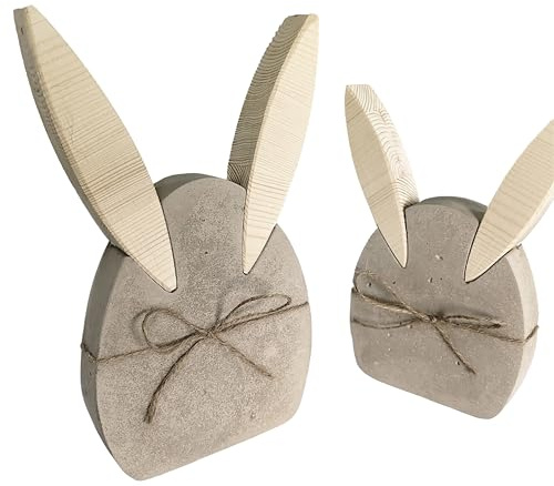 Osterhasen Deko 2er Set aus Beton und Holz – Frühlingsdeko zum Hinstellen | Hasenkopf-Duo mit Juteschnur, Tischdeko fürs Wohnzimmer, Regal- und Fensterbankdeko, Ostergeschenk