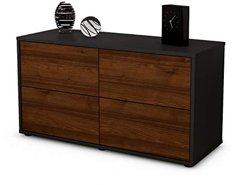 Stil.Zeit TV Schrank Lowboard Aella, Korpus anthrazit matt, Front Holz Design Walnuss (92x49x35cm), Push to Open Technik & Leichtlaufschienen